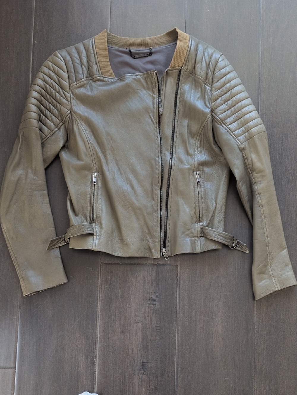 Vintage Trina Turk Olive Quilted-Shoulder Leather Moto Jacket
